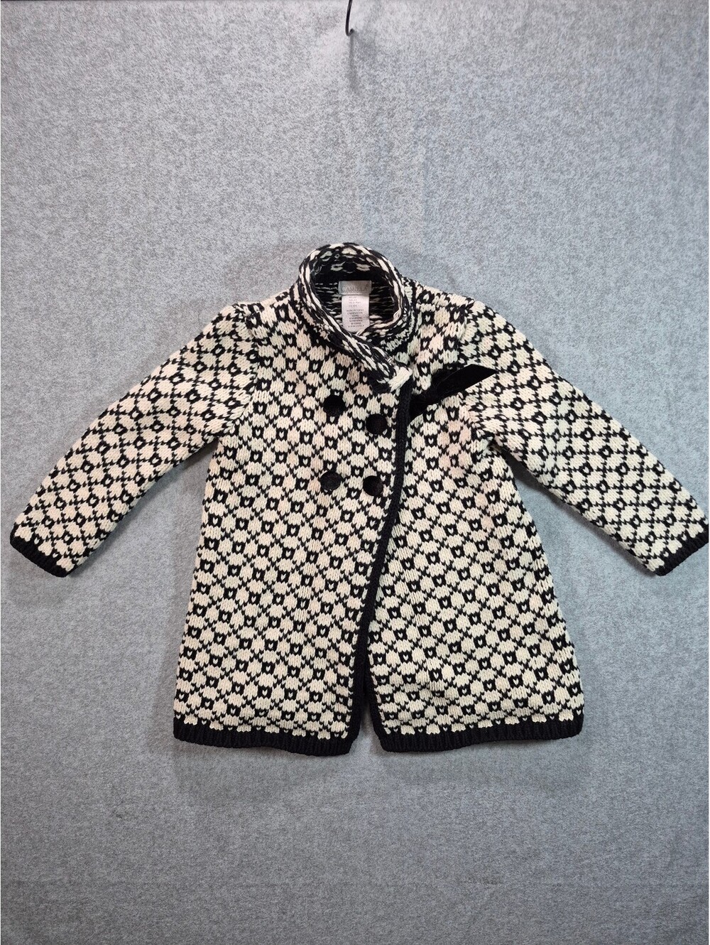 Camilla XS Black Cream Fair Isle Knit Cardigan Sweater Coat Velvet Bow